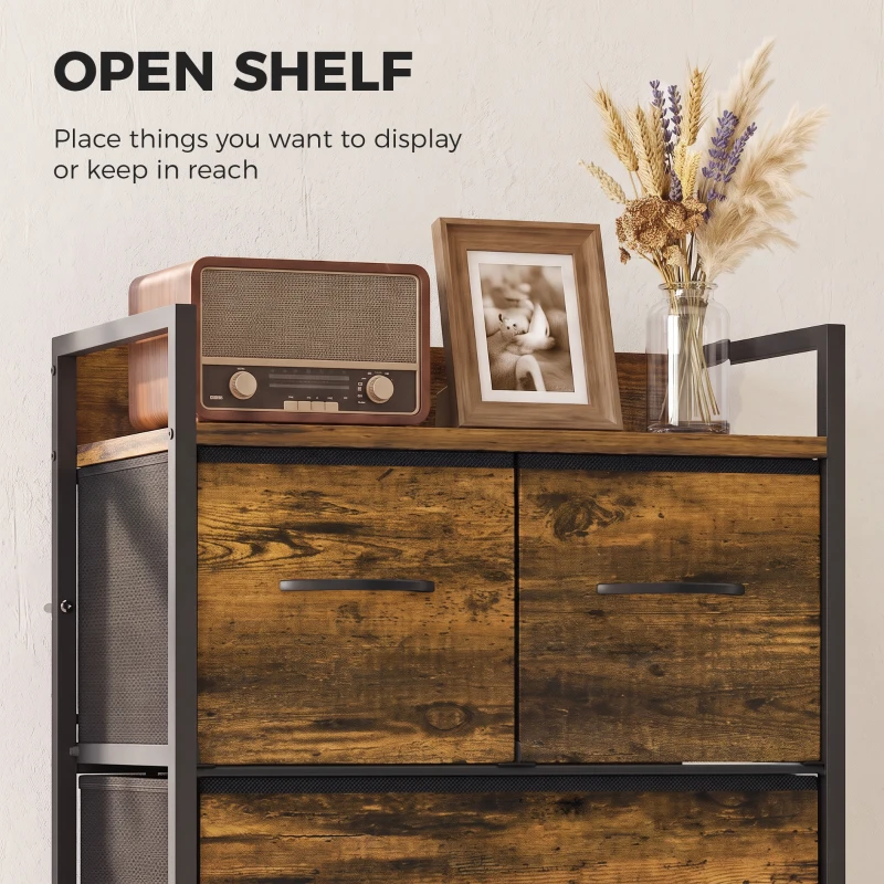 HOMCOM Rustic Chest of Four Fabric Drawers - Rustic Brown