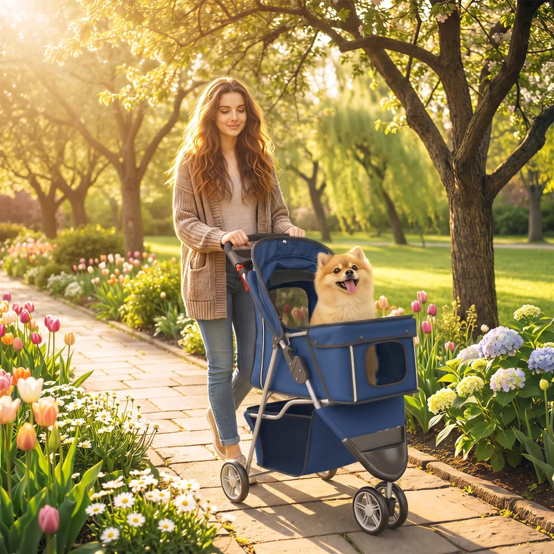 PawHut Carrinho Dobrável para Cães Pequenos até 10 kg com 3 Rodas, Capota, Cesta, Janelas em Rede e Porta-copos, Azul-Escuro