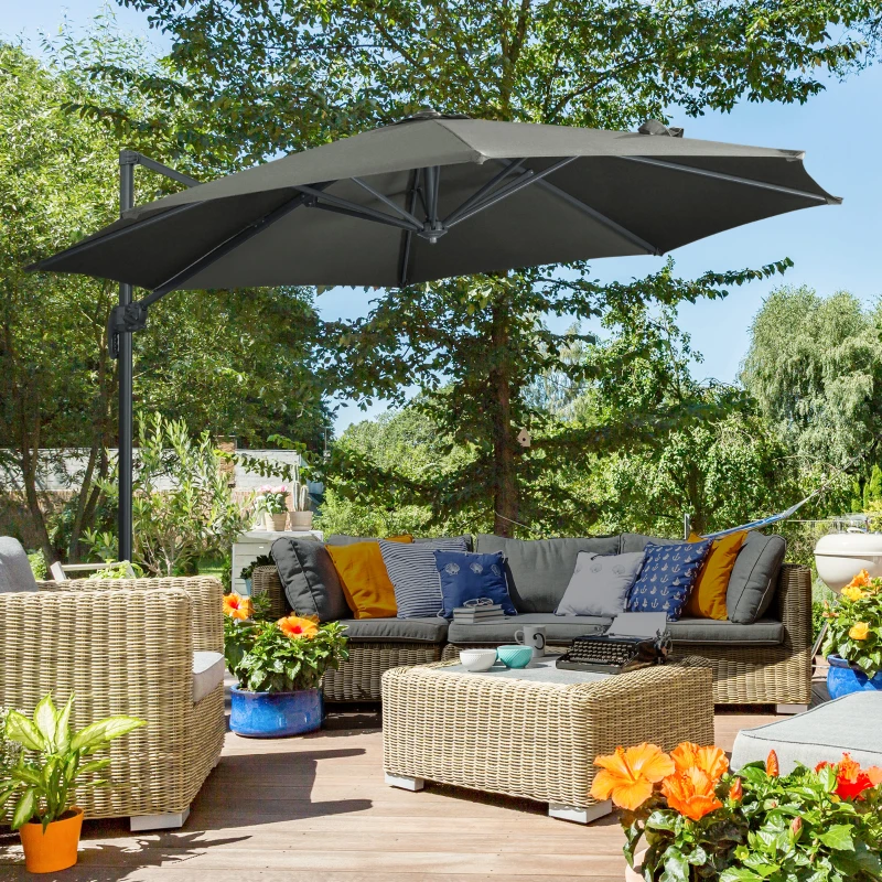 Outsunny Parasol déporté Ø 3 m octogonal inclinable manivelle avec pied en acier gris
