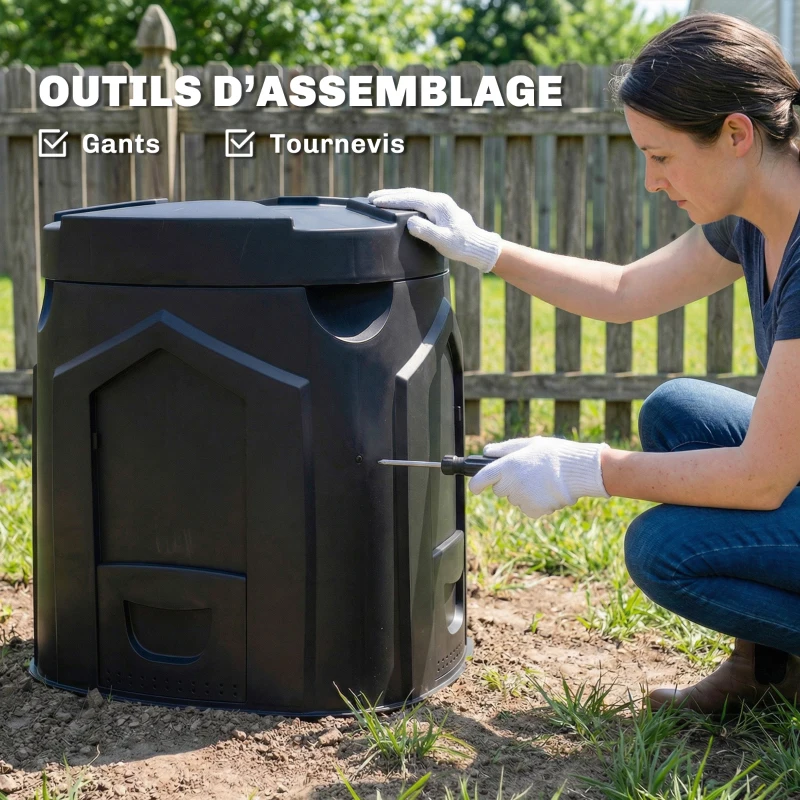 Outsunny Composteur de jardin, 240L, bac à compost extérieur, en polypropylène, 3 Portes, 66 Aérations, 78 x 75 x 78 cm, Noir