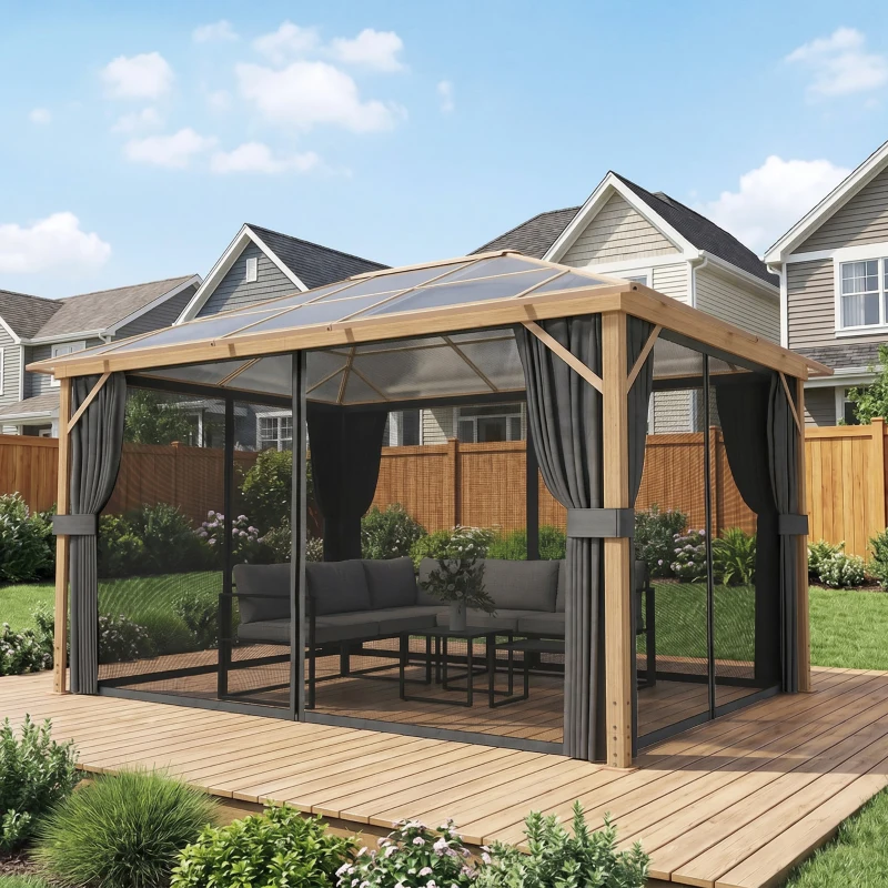 Outsunny Gartenpavillon ca. 4x3m Aluminium Pavillon mit Polycarbonat-Dach 6 mm Moskitonetz 4 Seitenteile Holzoptik Naturholz