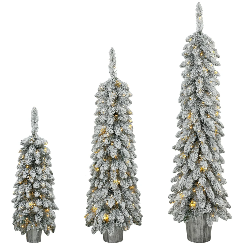 HOMCOM Set van 3 besneeuwde kunstkerstbomen met verlichting, PVC-takken en warmwitte leds