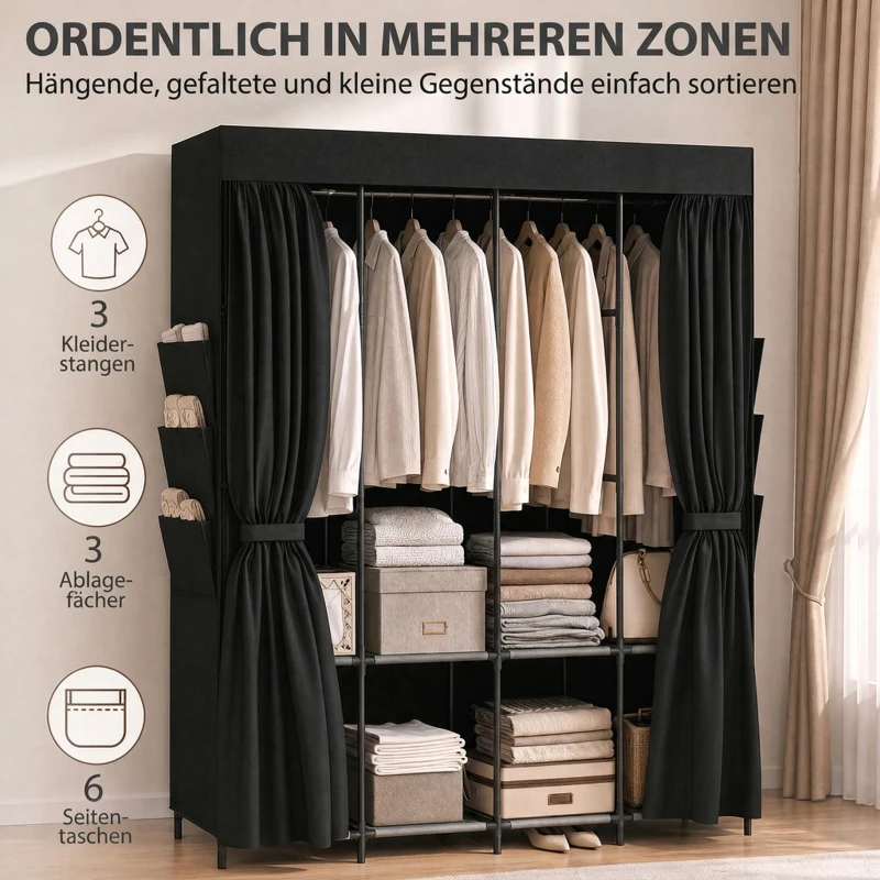 HOMCOM Stoff-Kleiderschrank, staubdicht, tragbar, 5 Kleiderstangen, 170 x 45 x 167 cm, Schwarz