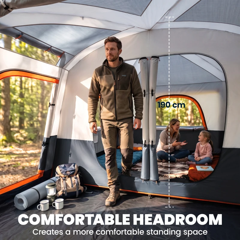 Outsunny 4 Man Camping Tent, Double Layer Tunnel Tent with Porch, Living Area and 2 Bedrooms, Sewn in Groundsheet, 3000mm Waterproof and UPF 30+, Portable with Bag, 430 x 305 x 195 cm Large, Grey
