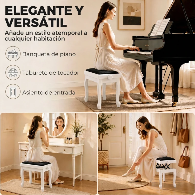 HOMCOM Banco de Piano Altura Ajustable 45-56 cm Banqueta de Piano con Asiento Terciopelo Patas de Madera Carga 120 kg Blanco