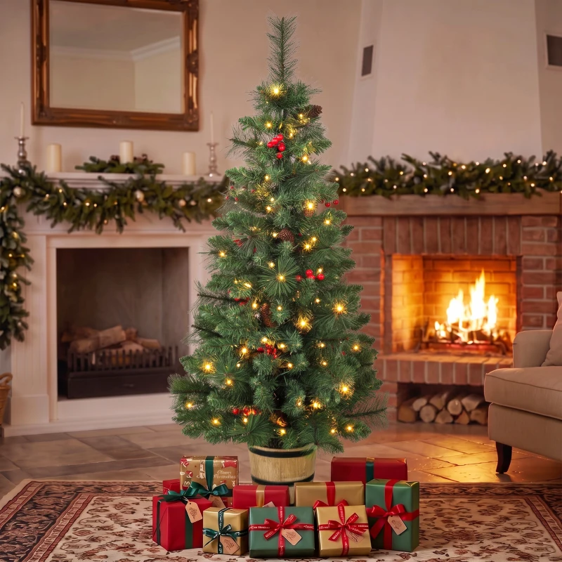 HOMCOM Kunstkerstboom 120 cm met 100 leds, 131 takpunten, bessen, 2 lichtkleuren en afstandsbediening