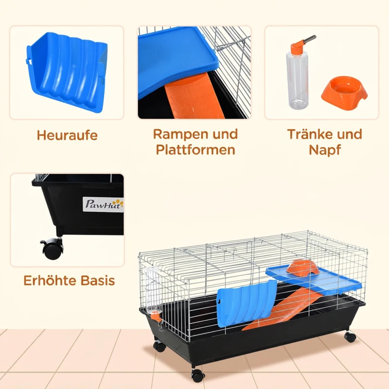 PawHut kooi voor kleine huisdieren knaagdierenkooi op wielen startset met alle accessoires 89 x 44 x 43 cm