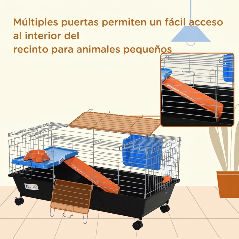 PawHut Jaula para Animales Pequeños, Jaula para Roedores con Ruedas, Botella de Agua, Comedero, Dispensador de Heno, Plataforma, Rampa, Bandeja Extraíble, para Conejos y Cobayas, 89x44x43 cm, Negro