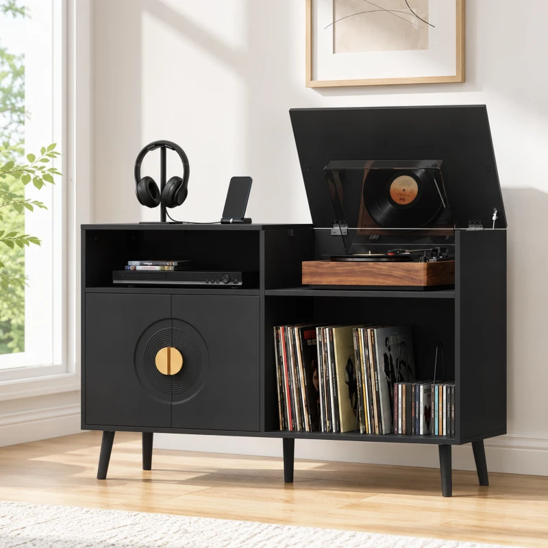 HOMCOM Record Player Stand, Vinyl Record Holder with Storage Holds Up to 300 Albums with Flip-Top Compartment, Black