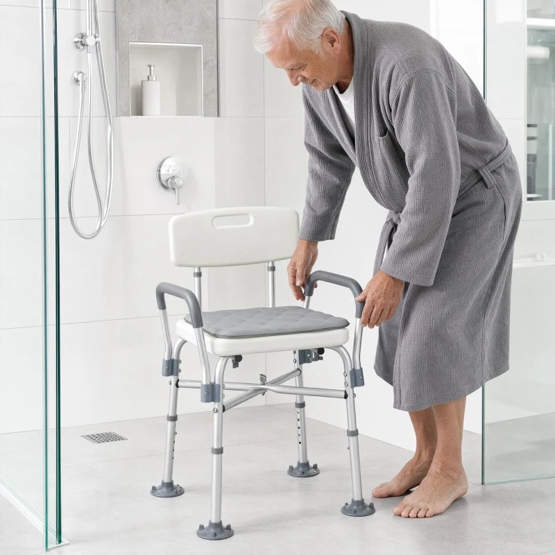 HOMCOM Tabouret de Douche Réglable en Hauteur à 5 Niveaux, Chaise de Douche, Accoudoirs Rembourrés et Coussin Amovible, Gris