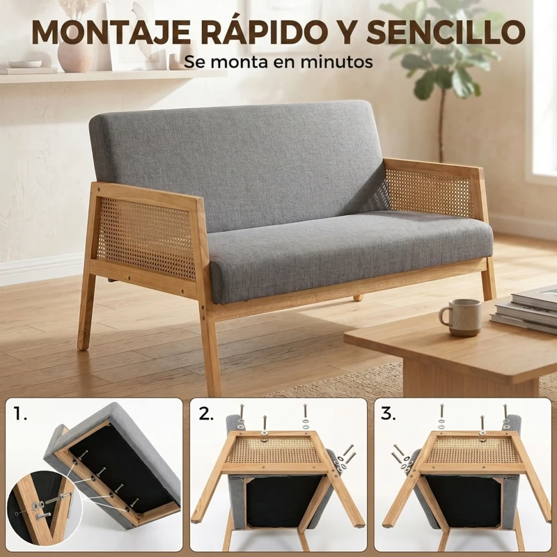 HOMCOM Sofá de 2 Plazas Tapizado en Lino con Detalles Ratán Sintético Estructura de Madera Carga 240 kg 115x77x77 cm Gris