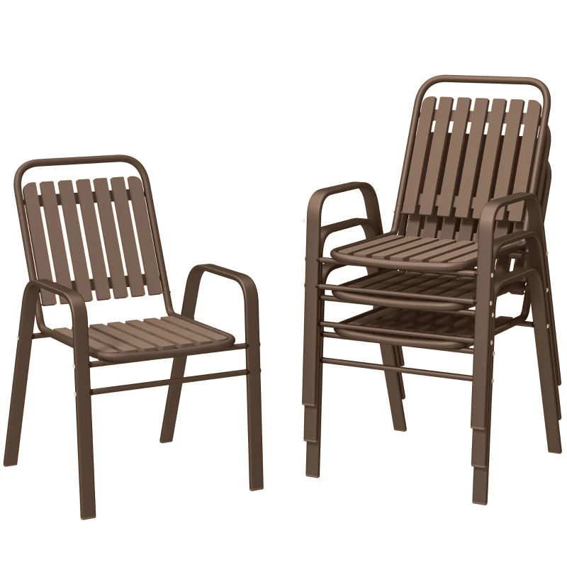 Outsunny Lot de 4 chaises de jardin chaises empilables d'extérieur haut dossier et accoudoirs cadre acier 56x66x91cm marron foncé