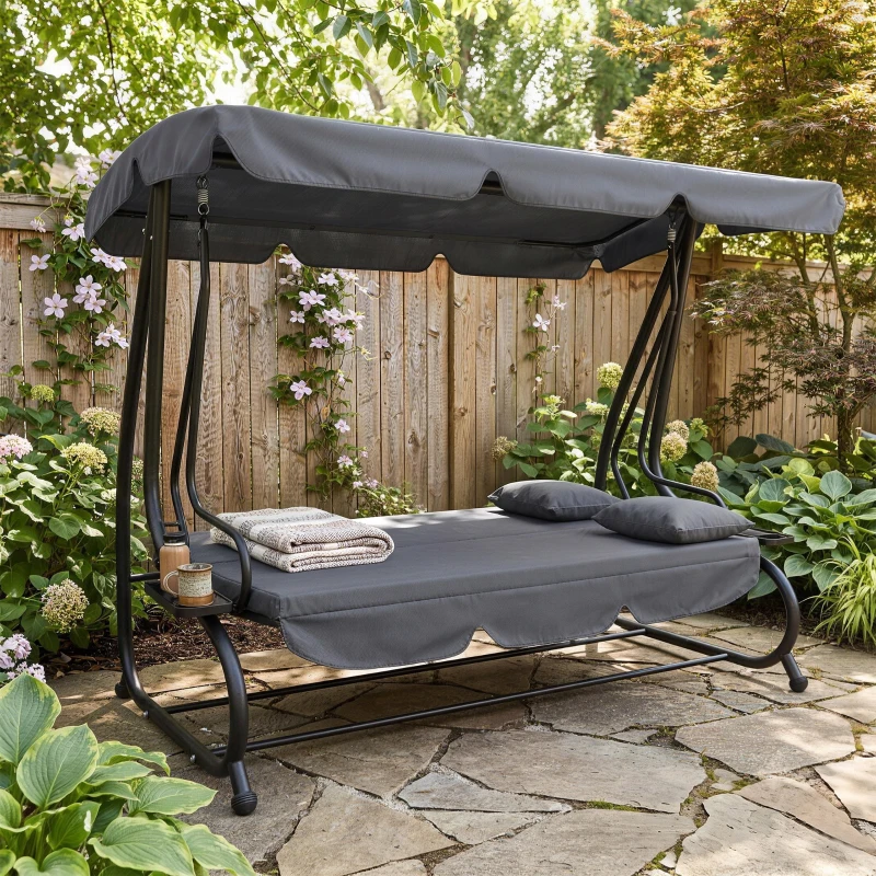 Outsunny Balancelle de jardin 3 places convertible toit inclinaison réglable 2 tablettes 2 x 1,2 x 1,64 m acier gris foncé