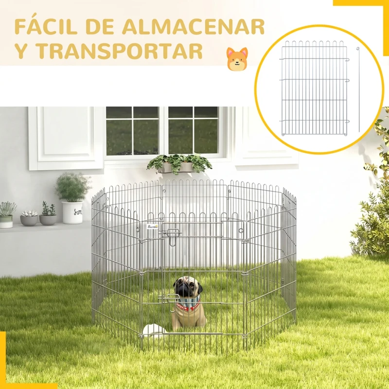 PawHut Vallas para Perros Plegables de 8 Piezas 63x91 cm con 1 Puerta y Marco de Acero para Jardín Patio Plata