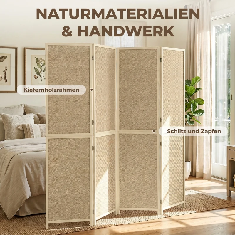 HOMCOM Parawan z 4 panelami, składana ścianka z ręcznie plecionego bambusa, 180 x 180 cm, naturalny
