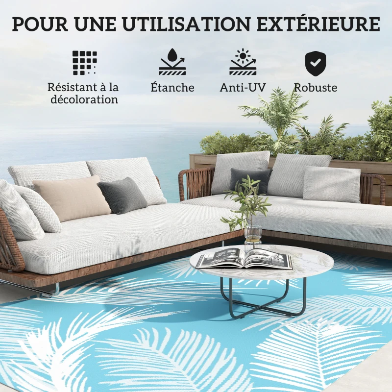 Outsunny Tapis d'extérieur réversible 274x182 cm, tapis de sol en PP résistant aux intempéries, sac de transport, bleu
