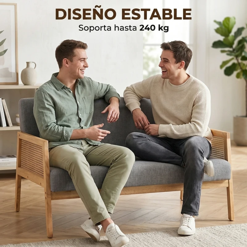 HOMCOM Sofá de 2 Plazas Tapizado en Lino con Detalles Ratán Sintético Estructura de Madera Carga 240 kg 115x77x77 cm Gris
