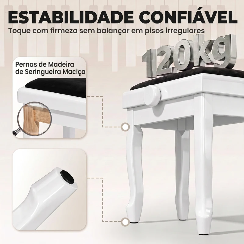 HOMCOM Banco para Piano Regulável 45-56 cm com Assento em Veludo, Pés em Madeira, até 120 kg, Branco