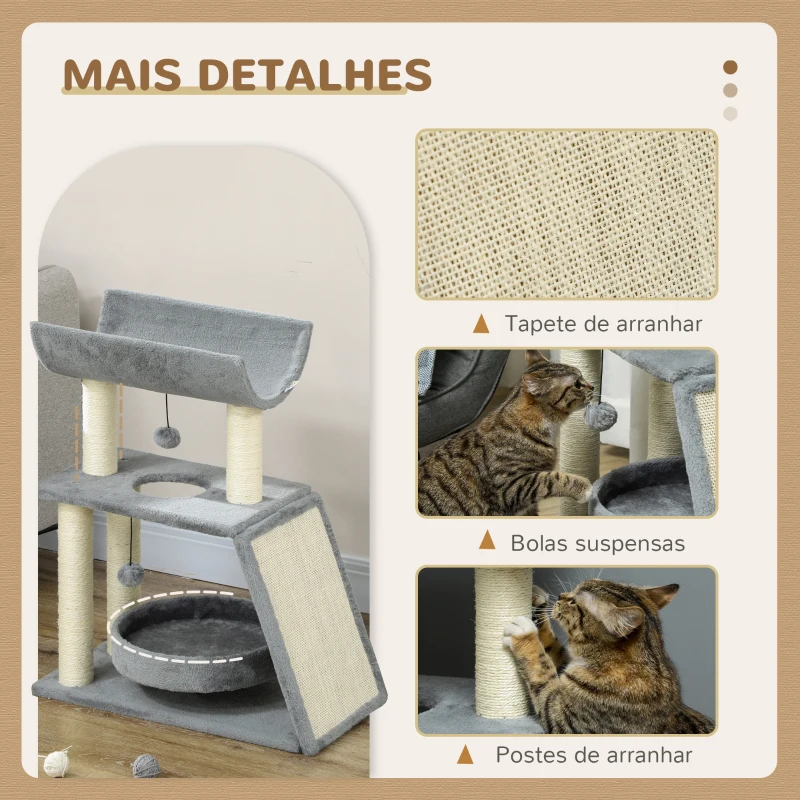 PawHut Arranhador para Gatos Altura 76 cm com 4 Postes de Arranhar Cama Plataforma em U Almofada para Arranhar Cinzento