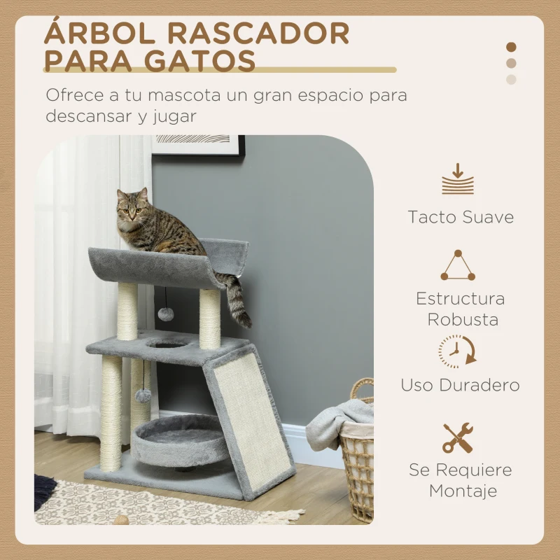 PawHut Mini Rascador para Gatos con Postes de Yute Plataforma en U Cama de Felpa y Juguetes Colgantes 60x30x76 cm Gris Claro