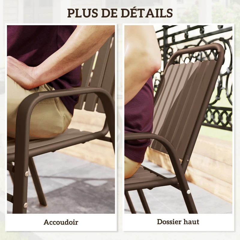 Outsunny Lot de 4 chaises de jardin chaises empilables d'extérieur haut dossier et accoudoirs cadre acier 56x66x91cm marron foncé