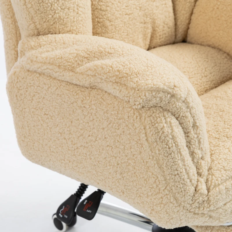 HOMCOM Chaise Bureau Ergonomique avec Accoudoirs Rabattables 5 Niveaux, Fauteuil de Bureau Inclinable en Tissu Teddy, Crème