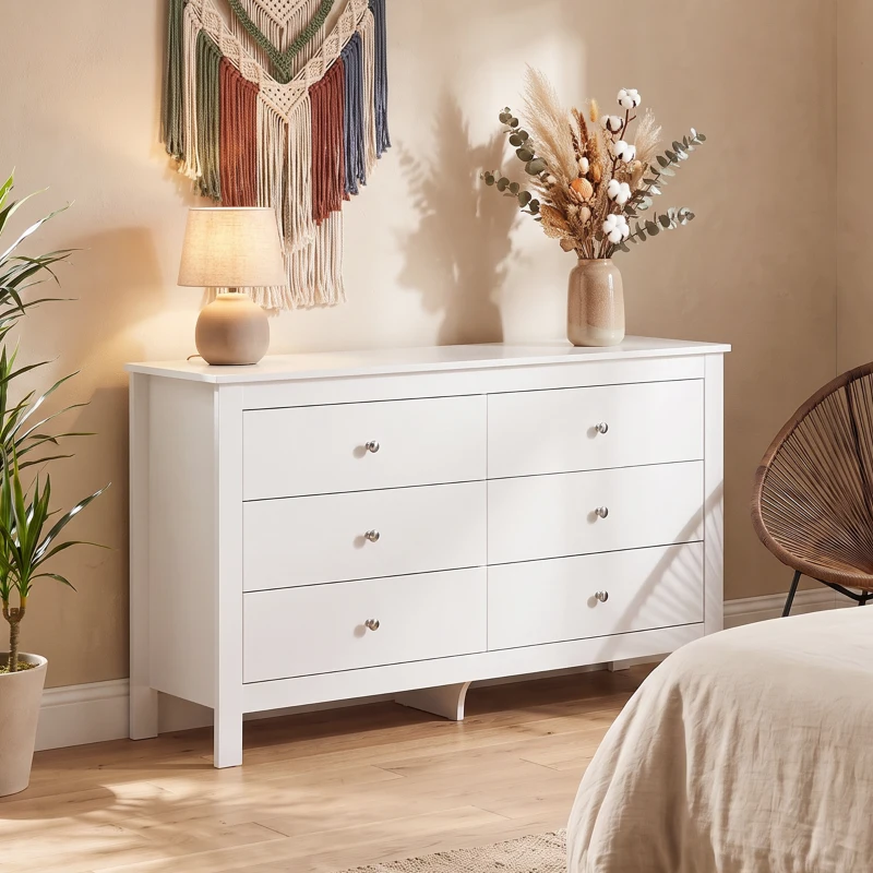 HOMCOM Commode 6 Tiroirs, Meuble de Rangement avec Glissières Fluides, Chiffonnier, Style Moderne, 118 x 39,5 x 75,5 cm, Blanc