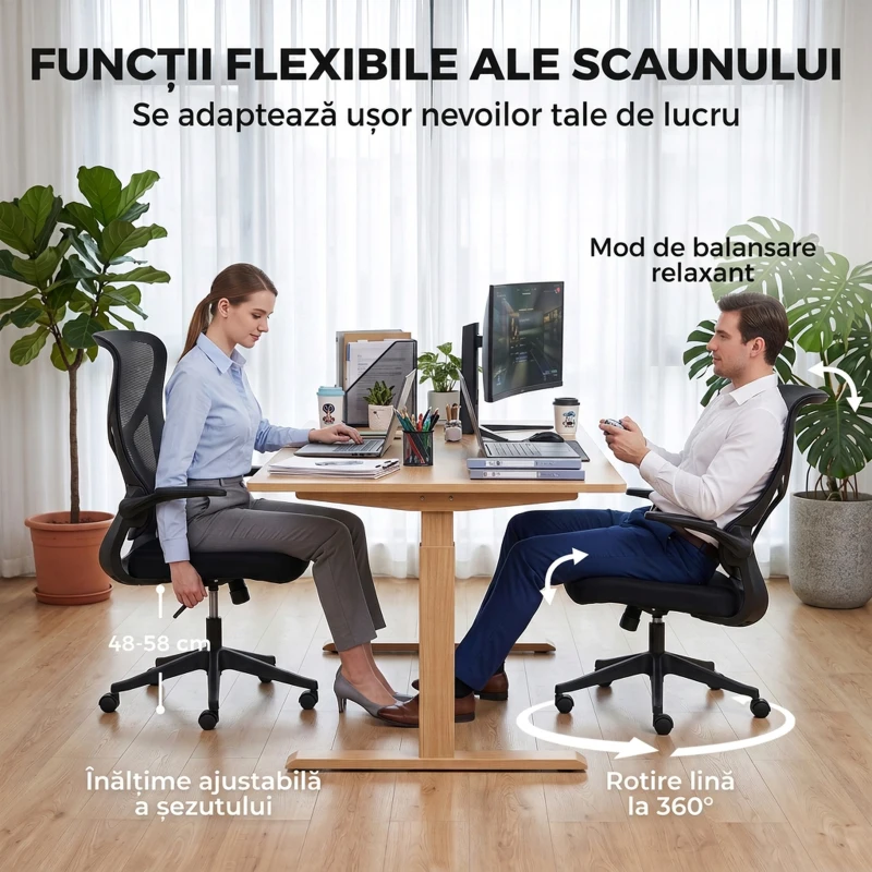 HOMCOM Scaun de birou ergonomic rotativ cu brațe rabatabile, funcție de balans, înălțime reglabilă, din plasă, negru