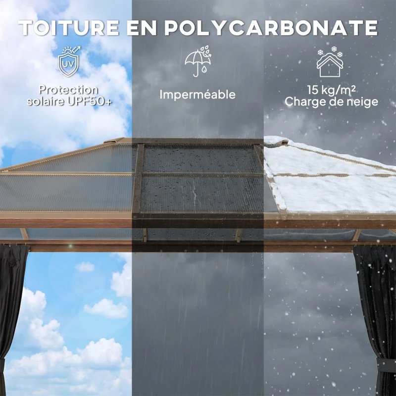 Outsunny Tonnelle de Jardin Pavillon Extérieur Aspect Bois Toit Rigide en Polycarbonate UV50+ Imperméable 398x298x262cm Naturel