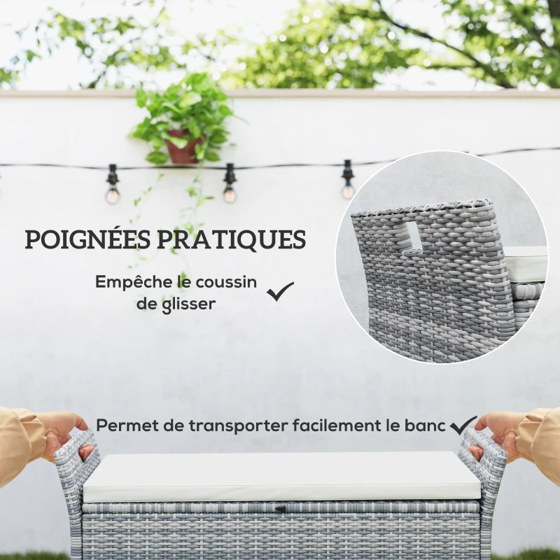 Outsunny Banc coffre de rangement extérieur en résine tressée 250L avec coussin amovible, pour jardin, balcon, blanc