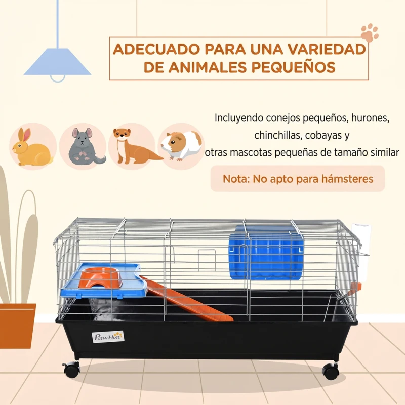 PawHut Jaula para Animales Pequeños, Jaula para Roedores con Ruedas, Botella de Agua, Comedero, Dispensador de Heno, Plataforma, Rampa, Bandeja Extraíble, para Conejos y Cobayas, 89x44x43 cm, Negro