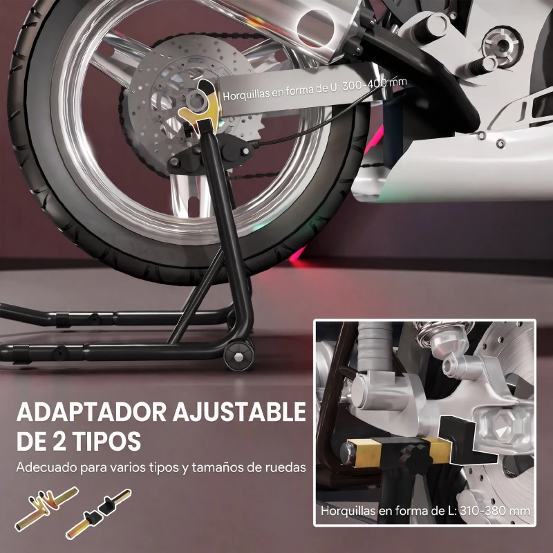 HOMCOM Caballete Elevador Universal Soporte Rueda Trasera Moto de Acero Robusta Carga 544 kg con Horquillas en U y L Ajustables