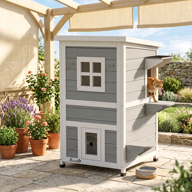PawHut Maisonnette pour chats sur 2 étages en bois intérieur et extérieur toit rabattable 51 x 51 x 81,3 cm blanc et gris