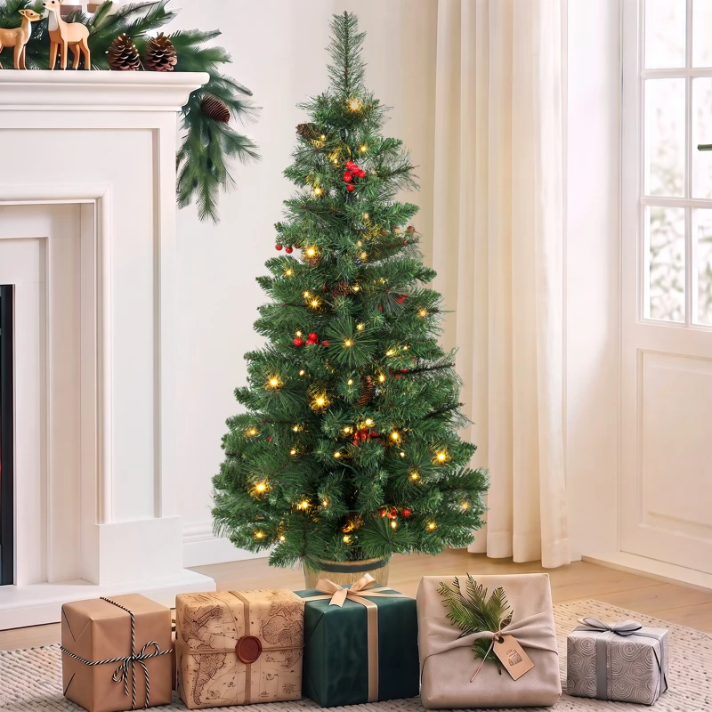 HOMCOM Künstlicher Weihnachtsbaum, 120 cm Christbaum mit 100 LED-Beleuchtung 131 Spitzen Beeren, 2 Lichtfarben, Fernbedienung