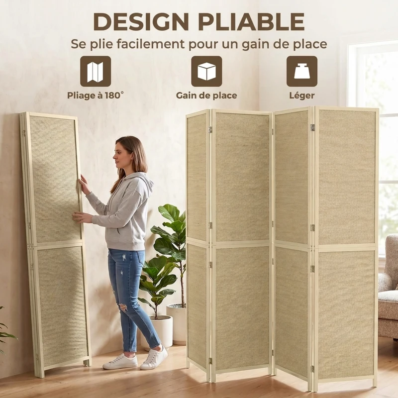 HOMCOM Paravent Interieur en Bambou 4 Panneaux 180x180cm, Séparateur de Pièce Pliable et Portable, Style Bohème, Bois Naturel