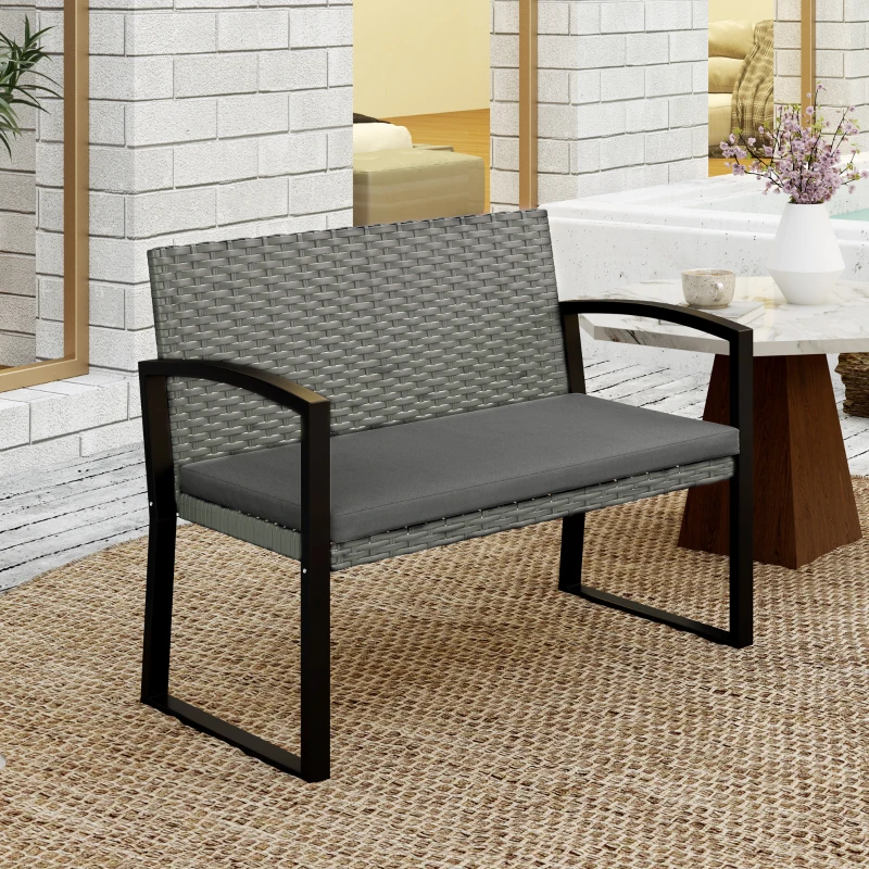 Outsunny Banc de jardin 2 places, banc d'extérieur en résine tressée PE avec coussin, acier galvanisé, 103x58x78cm, gris et noir