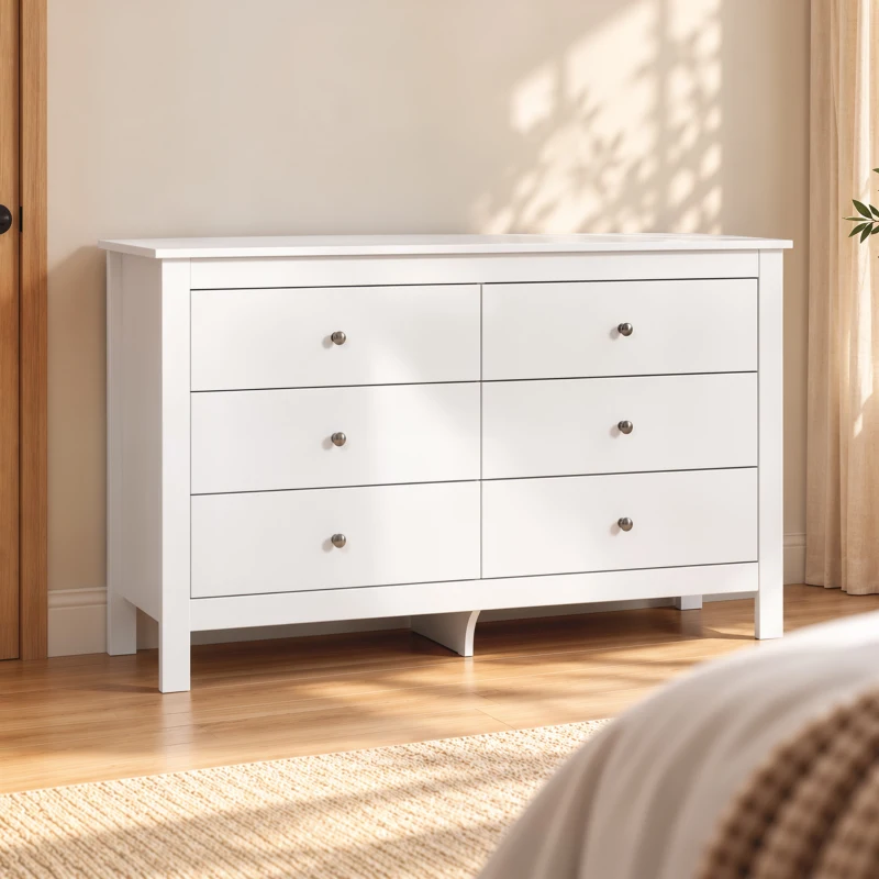 HOMCOM Commode 6 Tiroirs, Meuble de Rangement avec Glissières Fluides, Chiffonnier, Style Moderne, 118 x 39,5 x 75,5 cm, Blanc