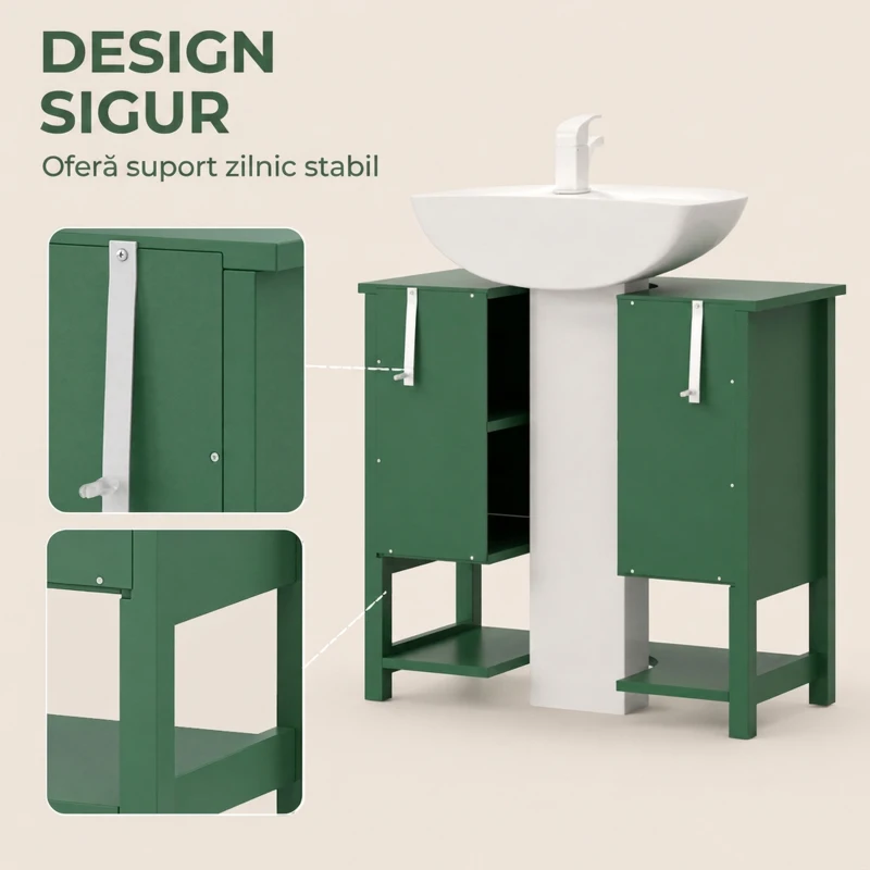 HOMCOM Dulap Sub Lavoar cu 2 Uși, Raft Deschis și Design Modern, 65x32x62 cm, Verde