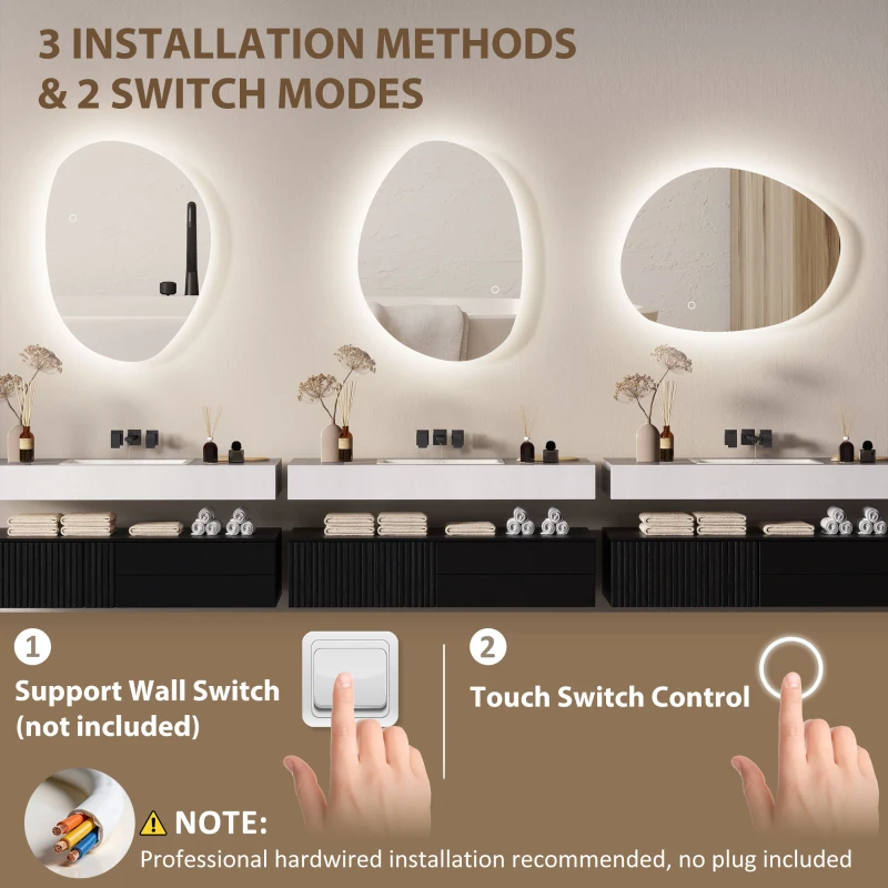 HOMCOM 70x50cm Bathroom Mirror with LED Lights, 3 Colours Dimmable, Anti-Fog, Memory & Touch Switch, IP44