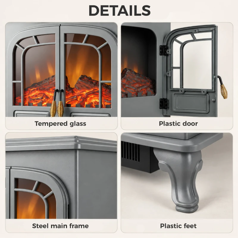 HOMCOM Freestanding Electric Fireplace Stove Heater with LED Fire Flame Effect Grey