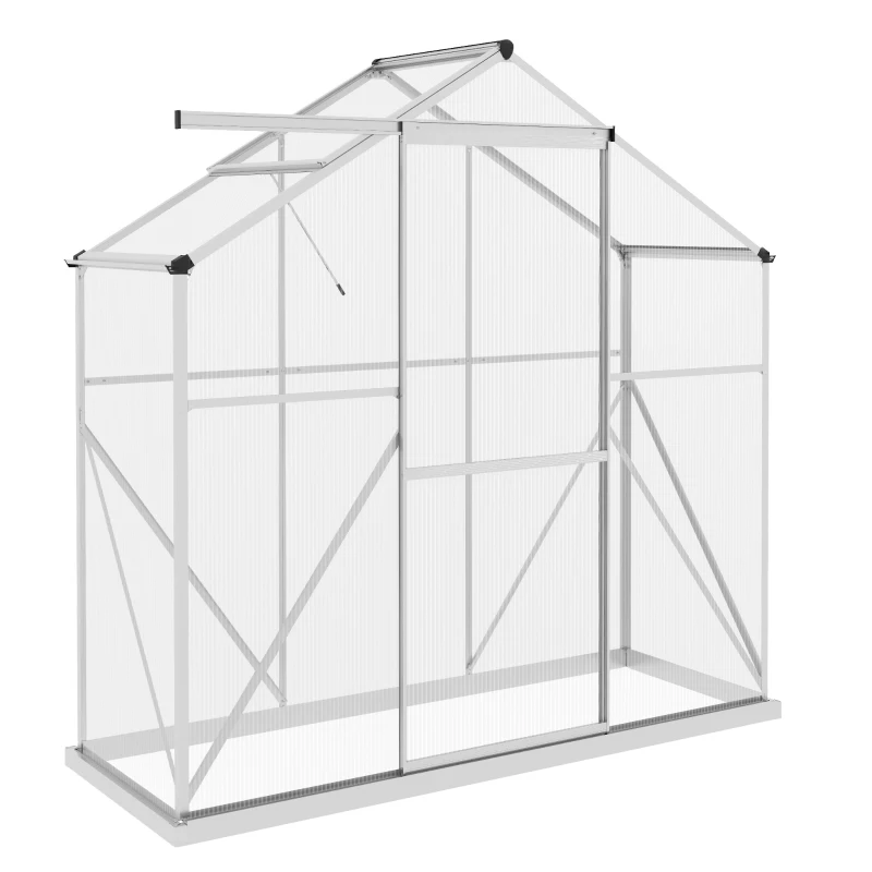 Outsunny 6 x 2.5ft Polycarbonate Greenhouse Walk-In Green House with Rain Gutter, Sliding Door, Window, Foundation, Silver
