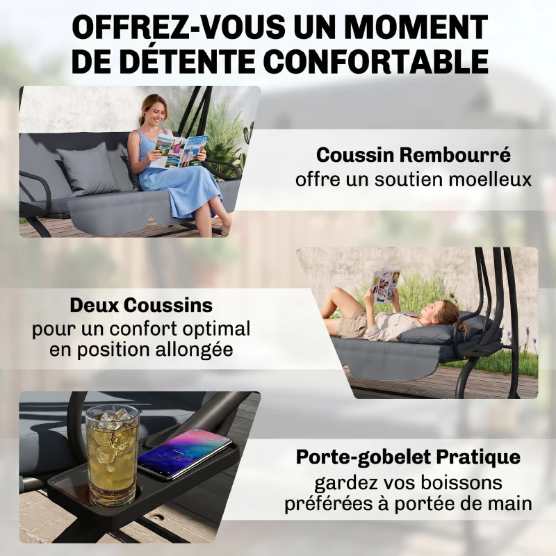 Outsunny Balancelle de jardin 3 places convertible toit inclinaison réglable 2 tablettes 2 x 1,2 x 1,64 m acier gris foncé