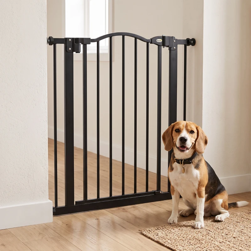 PawHut Metal 74-80cm Adjustable Pet Gate Safety Barrier w/ Auto-Close Door Black
