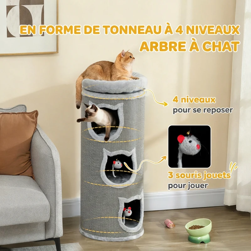 PawHut Tonneau à gratter, tour à griffer en sisal et bord en peluche, 3 niveaux avec plate-forme, stable, Ø 38 x 96 cm gris