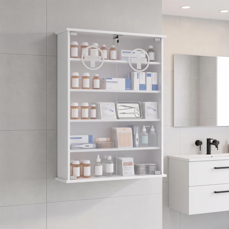 HOMCOM Botiquín de Pared de 5 Niveles con 2 Puertas de Cristal Estantes Ajustables Cerradura y 2 Llaves 60x17x82,5 cm Blanco