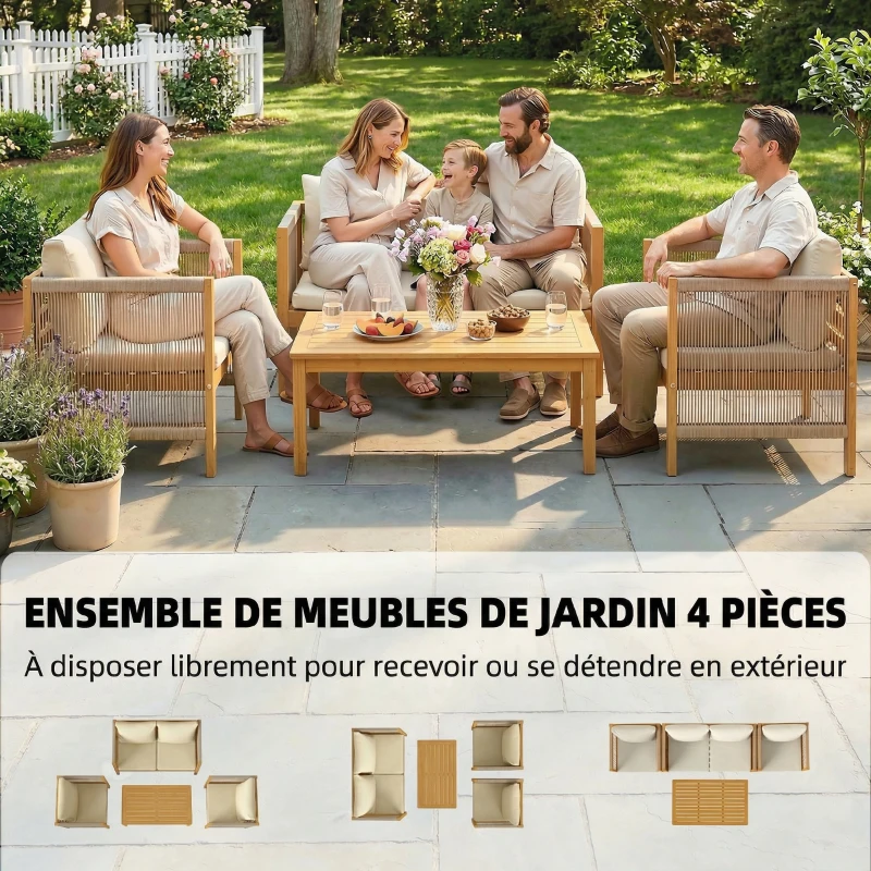 Outsunny Salon de Jardin Ensemble de Mobilier 4 Pièces en Bois d'Acacia Coussins Déhoussables et Corde Tressée Naturel