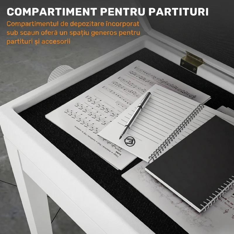 HOMCOM Bancă pentru Pian Reglabilă, cu Spațiu de Depozitare și Șezut Moale din Piele Ecologică PU, Alb
