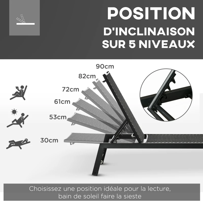 Outsunny Lot de bain de soleil et matelas d'assise - roues dossier inclinable aluminium - coussin zippé déhoussable tétière