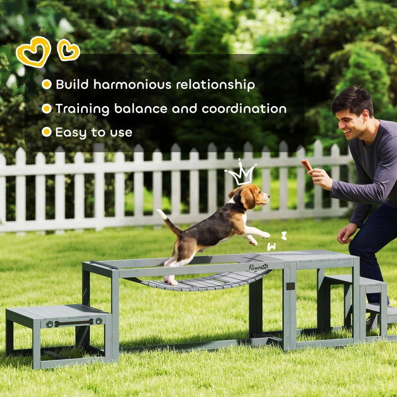 PawHut 3 Pieces Wooden Dog Agility Training Equipment with Soft Bridge, Pause Platform and Pet Stair for Outdoor, Grey