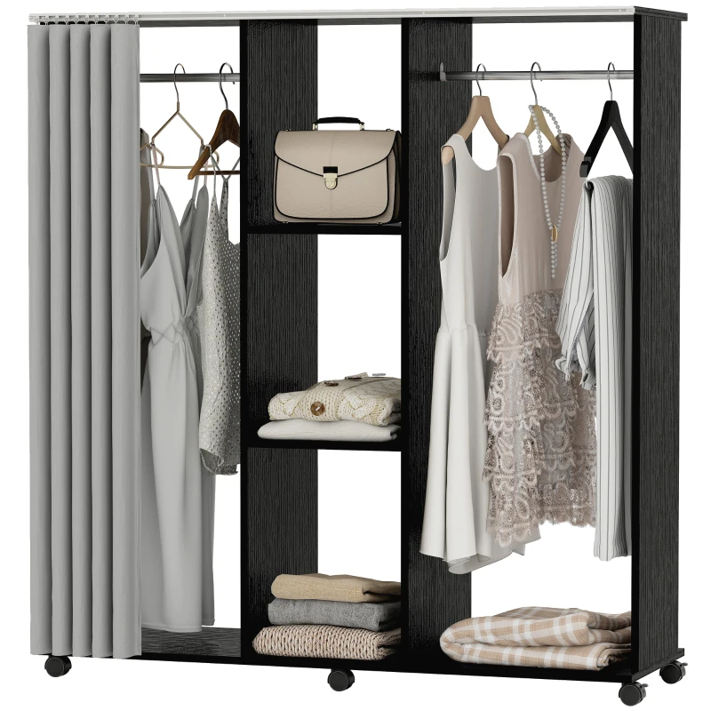 HOMCOM Stand Appendiabiti con 6 Ruote, Appendiabiti da Terra con 3 Ripiani e 2 Aste per Vestiti, Guardaroba Porta Abiti in Legno Tessuto di Lino e Alluminio, per Camera da Letto Soggiorno Corridoio Ingresso, Tenda Grigia e Nero